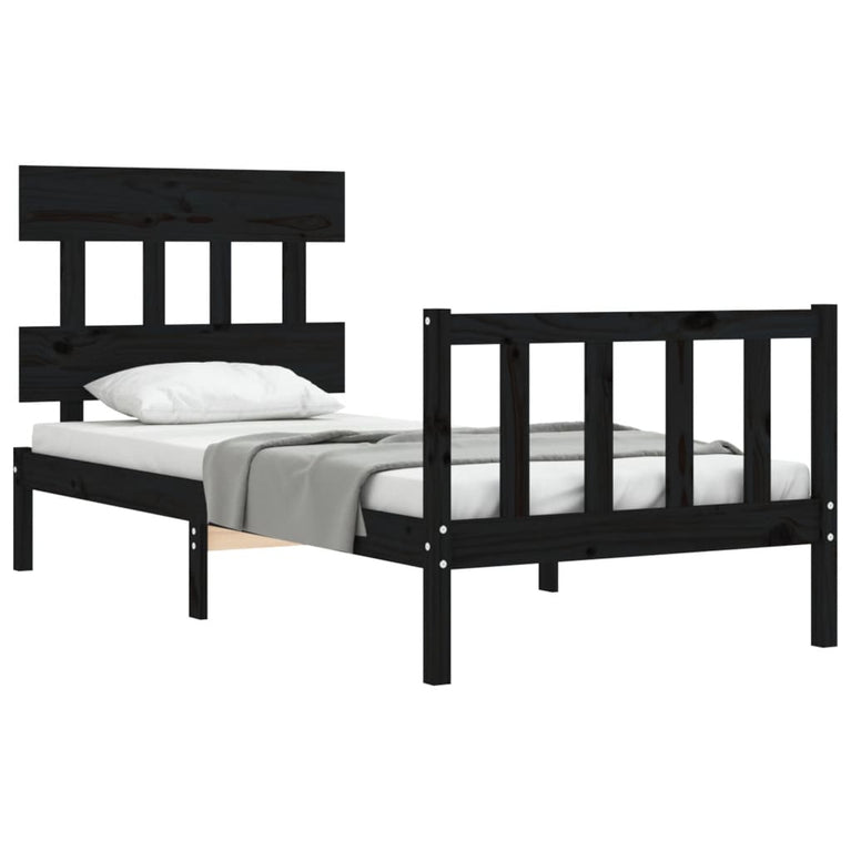 Bedframe met hoofdbord massief hout zwart 3FT Single