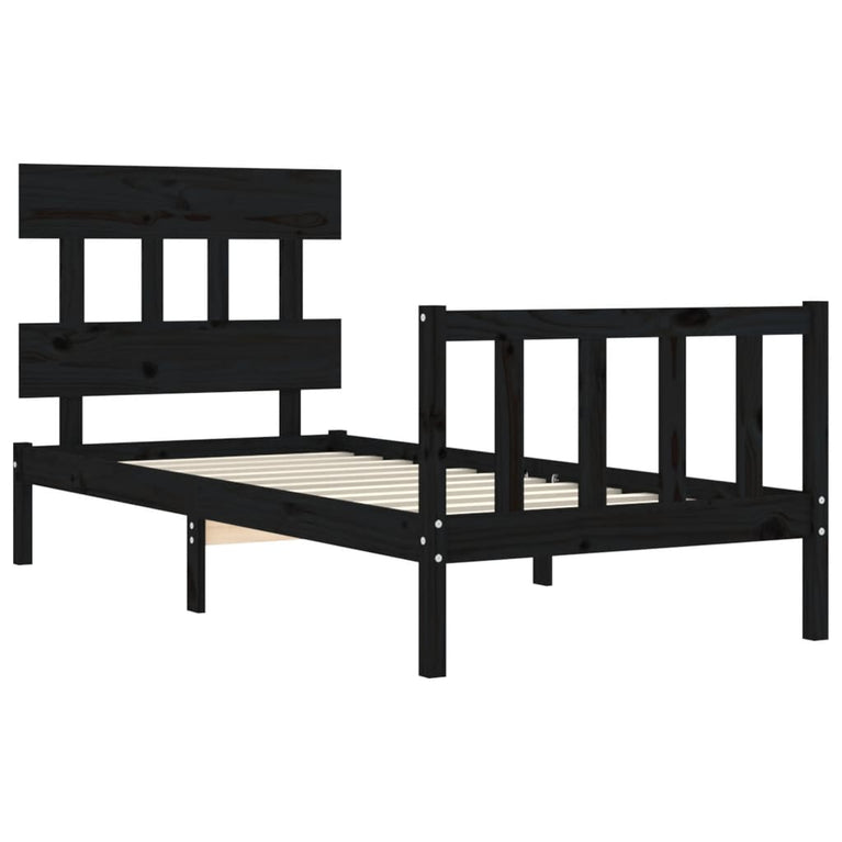 Bedframe met hoofdbord massief hout zwart 3FT Single