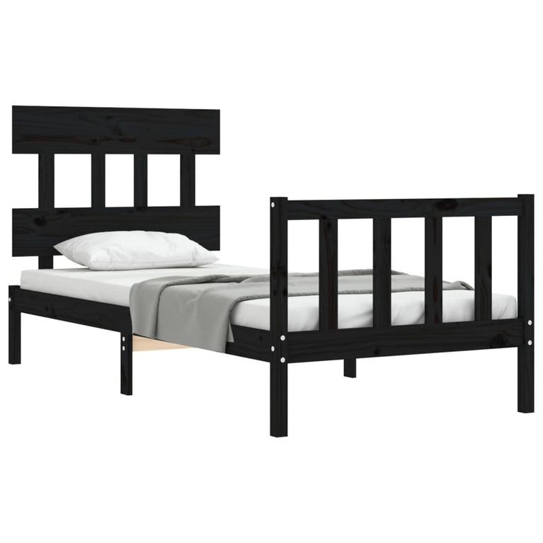 Bedframe met hoofdbord massief hout zwart 100x200 cm