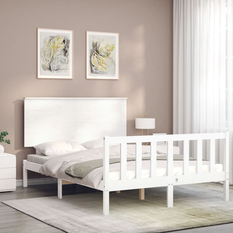 Bedframe met hoofdbord massief hout wit 140x200 cm