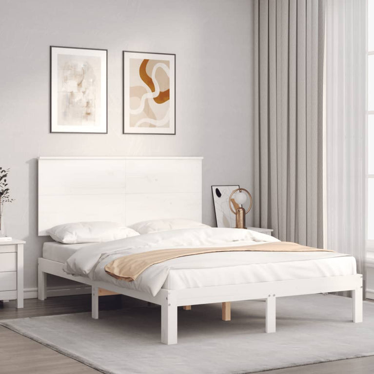 Bedframe met hoofdbord massief hout wit 140x190 cm