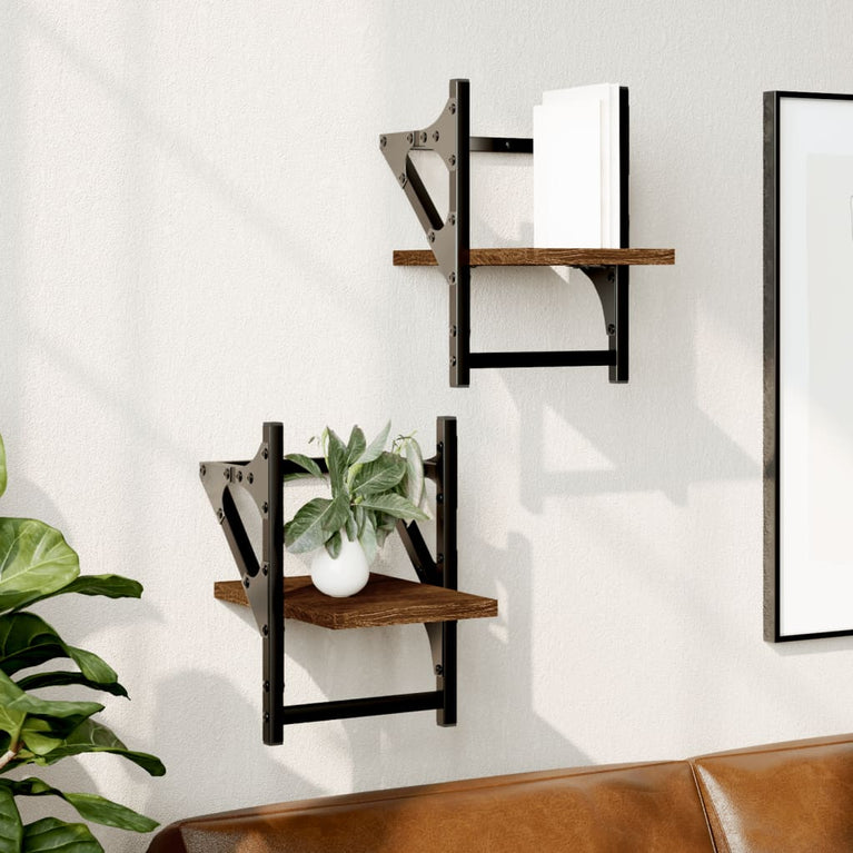 Wandschappen met stangen 2 st 20x25x30 cm bruin eikenkleur MeubelReus