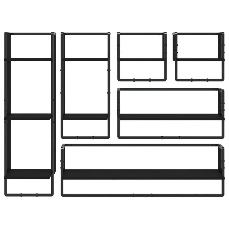 6-delige Wandschappenset met stangen bewerkt hout zwart