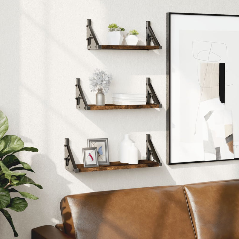 3-delige Wandschappenset bewerkt hout gerookt eikenkleurig