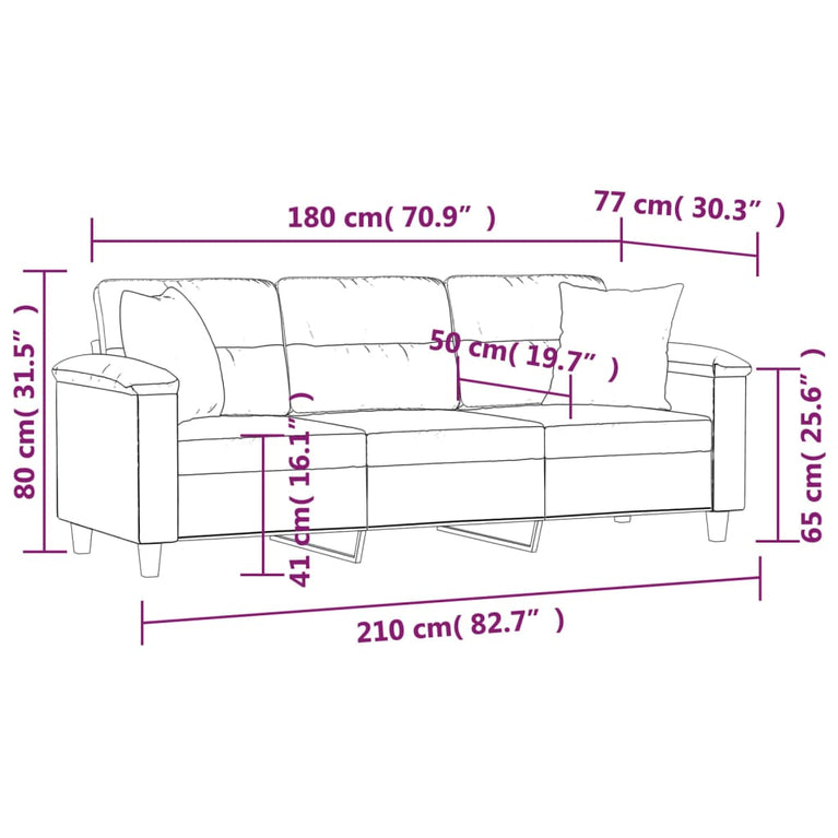 Driezitsbank met kussens 180 cm microvezelstof zwart