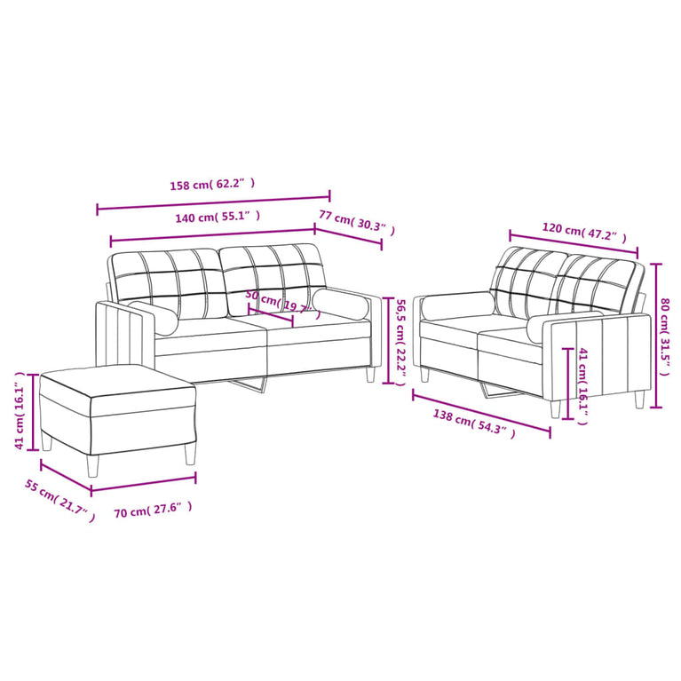 3-delige Loungeset met kussens stof zwart