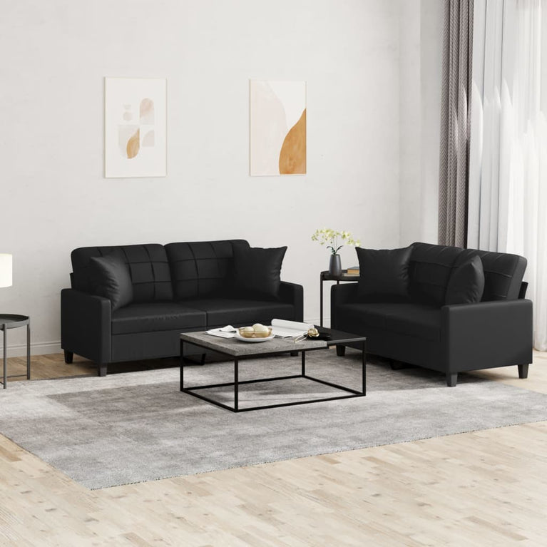 2-delige Loungeset met kussens kunstleer zwart