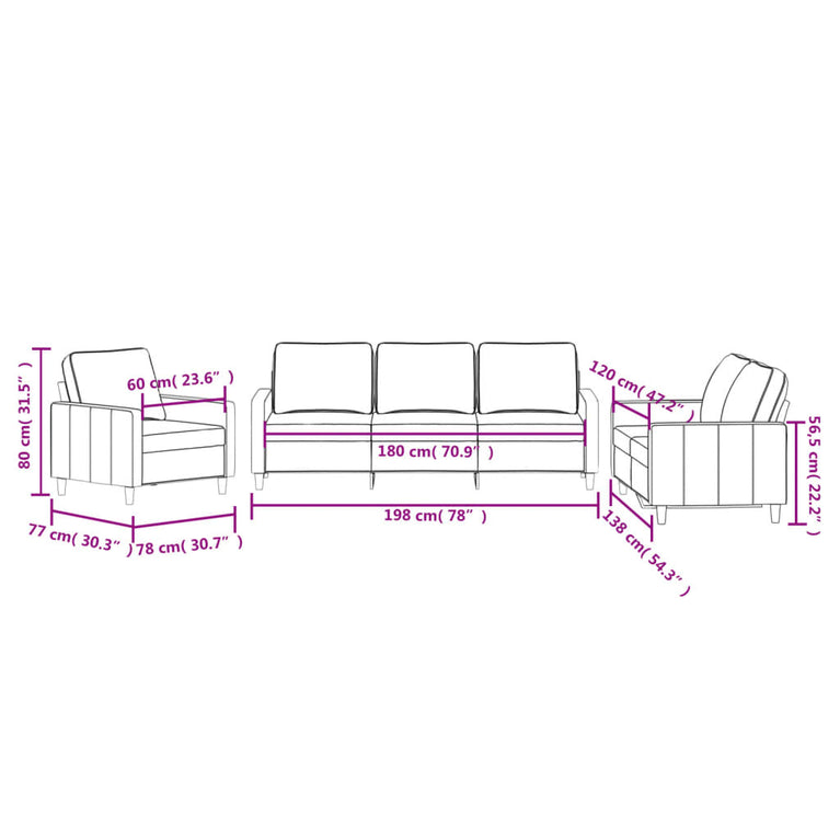 3-delige Loungeset met kussens fluweel crèmekleurig