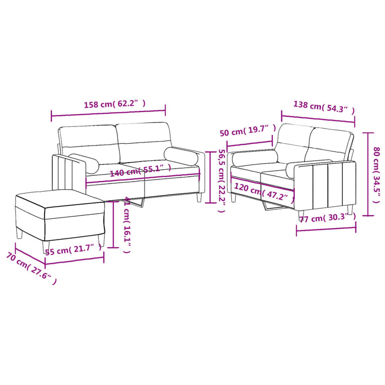 3-delige Loungeset met kussens stof zwart