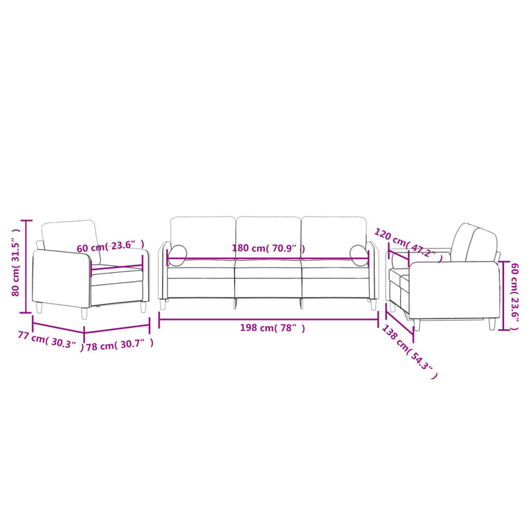 3-delige Loungeset met kussens fluweel lichtgrijs
