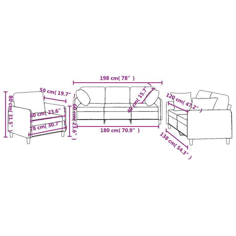 3-delige Loungeset met kussens stof lichtgrijs
