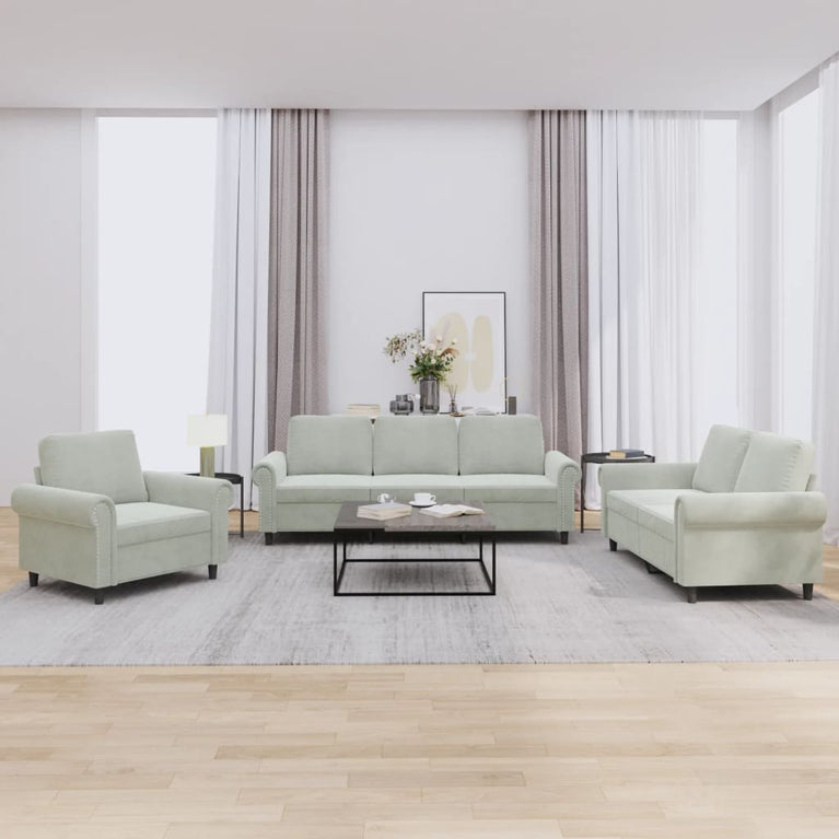 3-delige Loungeset met kussens fluweel lichtgrijs