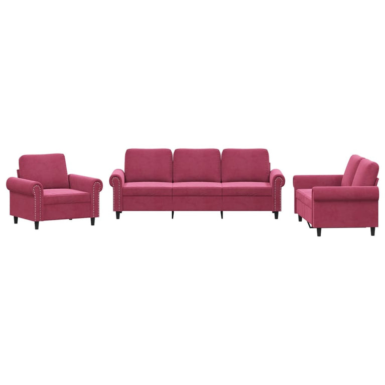 3-delige Loungeset met kussens fluweel wijnrood