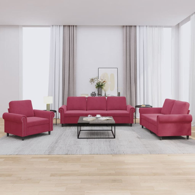 3-delige Loungeset met kussens fluweel wijnrood