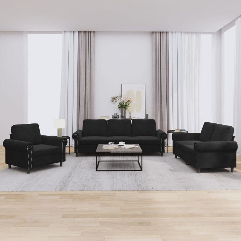 3-delige Loungeset met kussens fluweel zwart