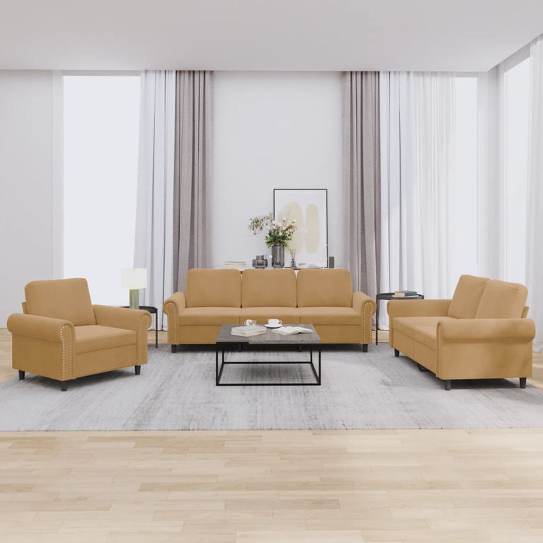 3-delige Loungeset met kussens fluweel bruin