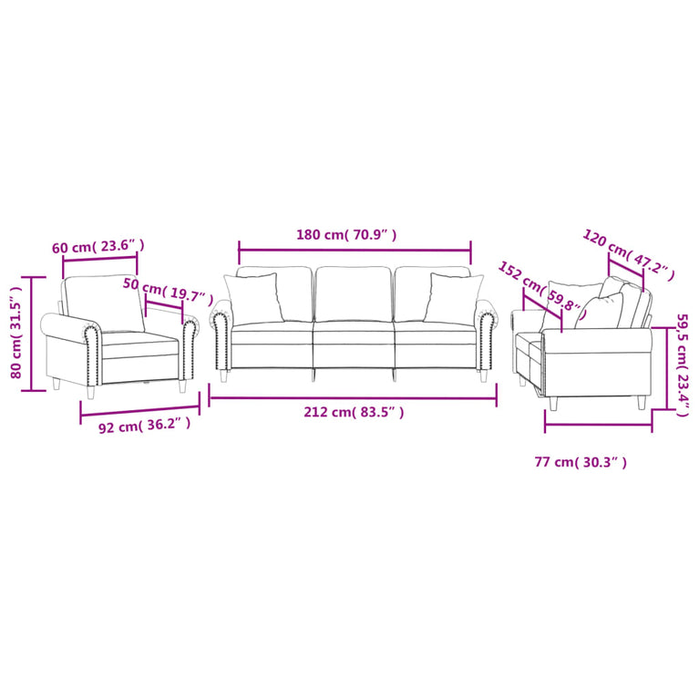 3-delige Loungeset met kussens fluweel donkergrijs