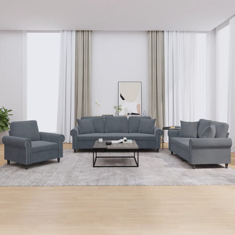 3-delige Loungeset met kussens fluweel donkergrijs