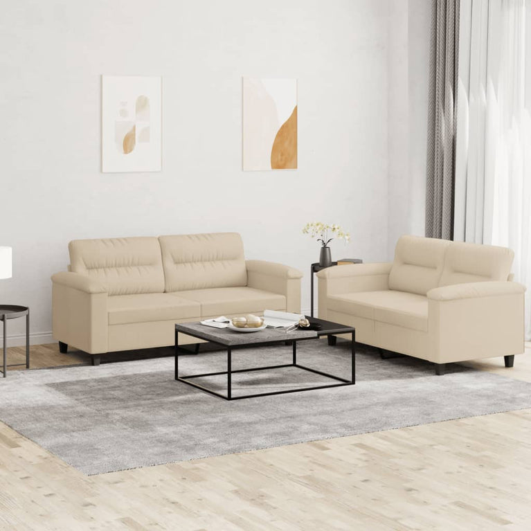 2-delige Loungeset met kussens microvezelstof crèmekleurig