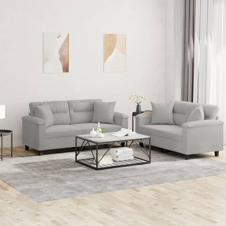 2-delige Loungeset met kussens microvezelstof lichtgrijs