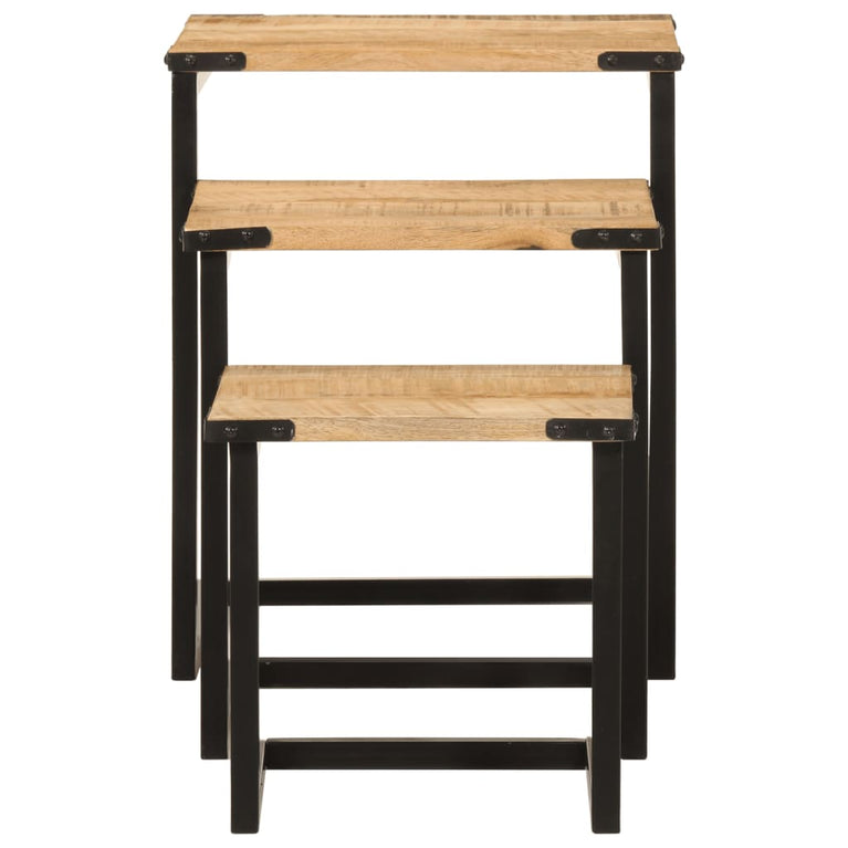 3-delige Salontafelset massief mangohout en ijzer