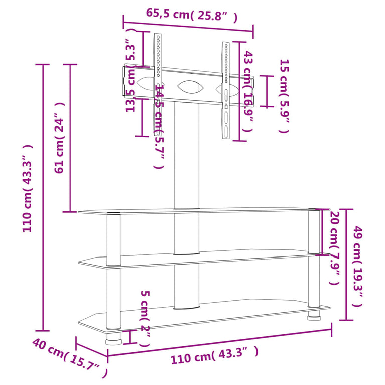 Tv-standaard hoek 3-laags voor 32-70 inch zwart