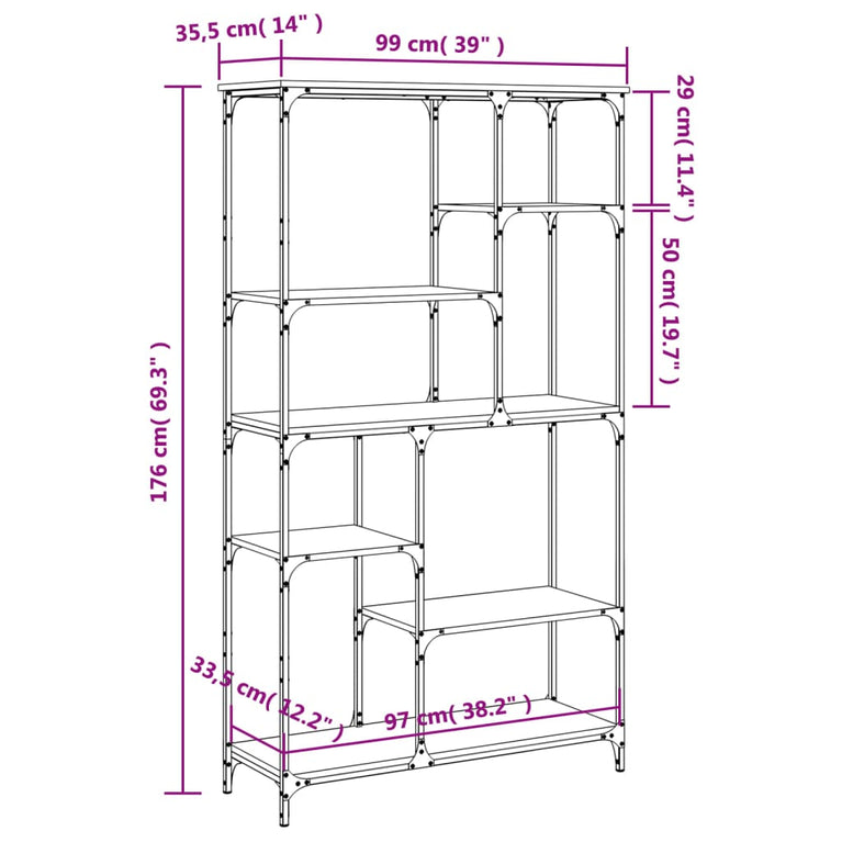Boekenrek 99x35,5x176 cm bewerkt hout en staal gerookt eiken MeubelReus