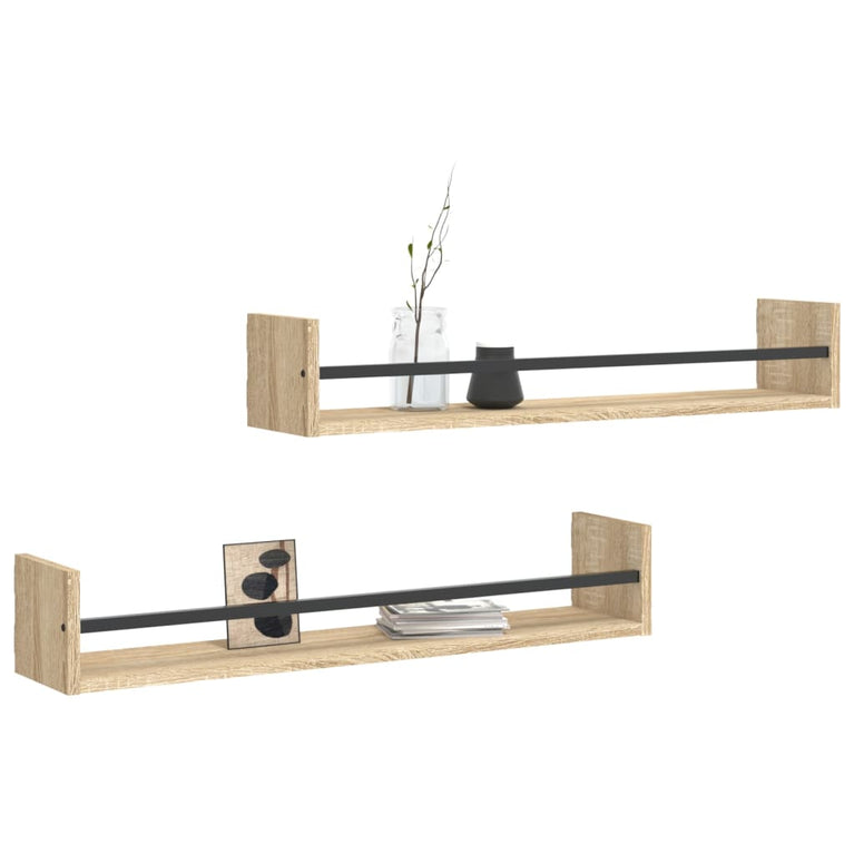 Wandschappen met stangen 2 st 80x16x14 cm Sonoma eikenkleurig MeubelReus