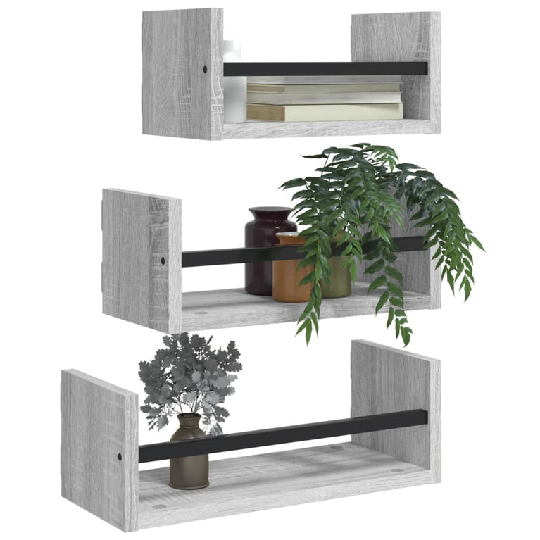 3-delige Wandschappenset met stangen bewerkt hout grijs sonoma