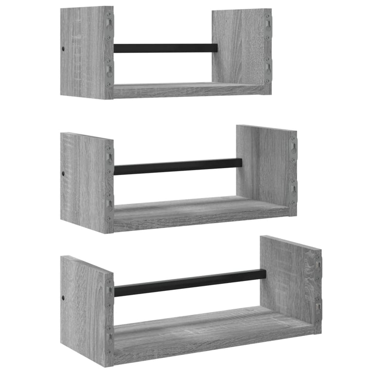 3-delige Wandschappenset met stangen bewerkt hout grijs sonoma
