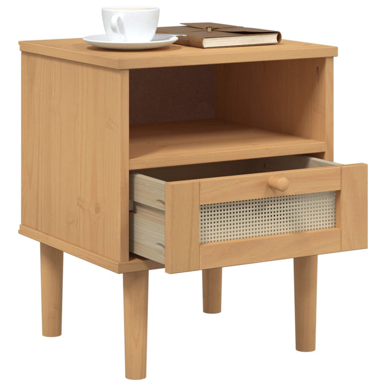 Nachtkastje SENJA rattan-look 40x35x48 cm grenenhout bruin MeubelReus