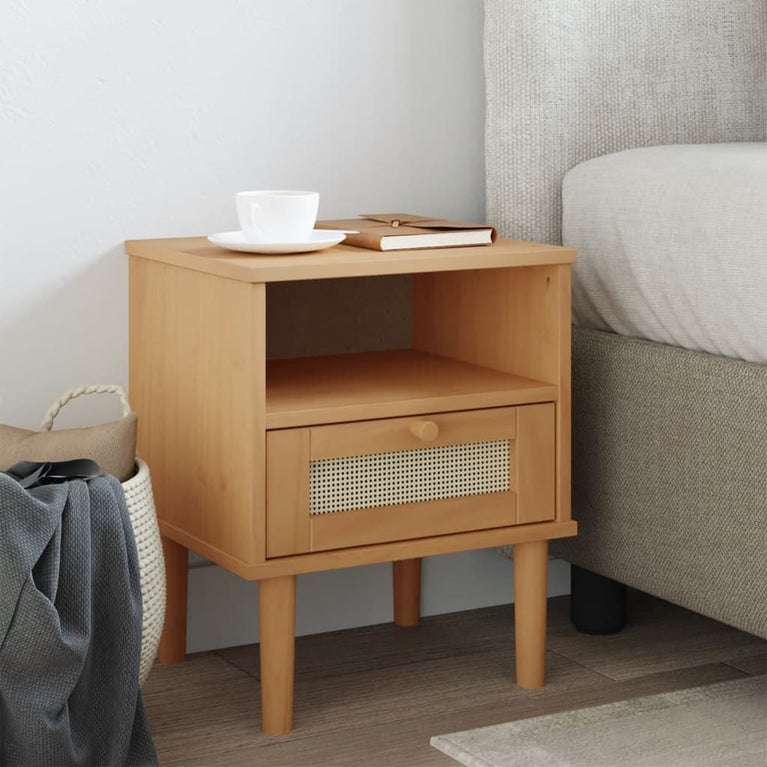 Nachtkastje SENJA rattan-look 40x35x48 cm grenenhout bruin MeubelReus