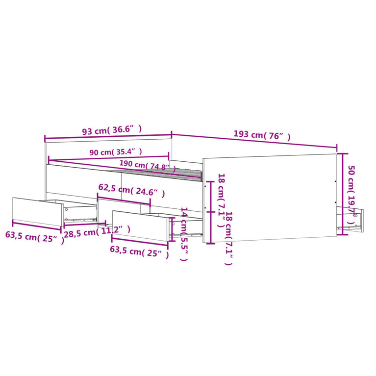 Bedframe met hoofd- en voeteneinde betongrijs 90x190 cm