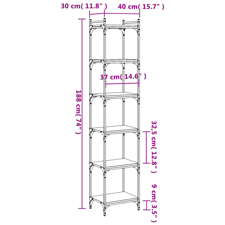 Boekenkast 6-laags 40 x 30 x 188 cm bewerkt hout sonoma eiken