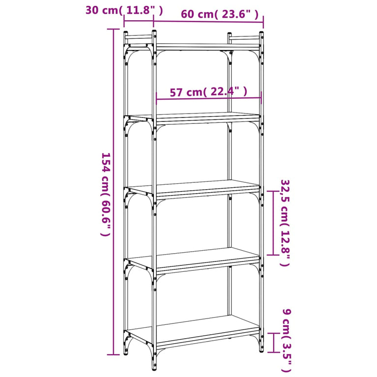 Boekenkast 5-laags 60x30x154 cm bewerkt hout gerookt eikenkleur