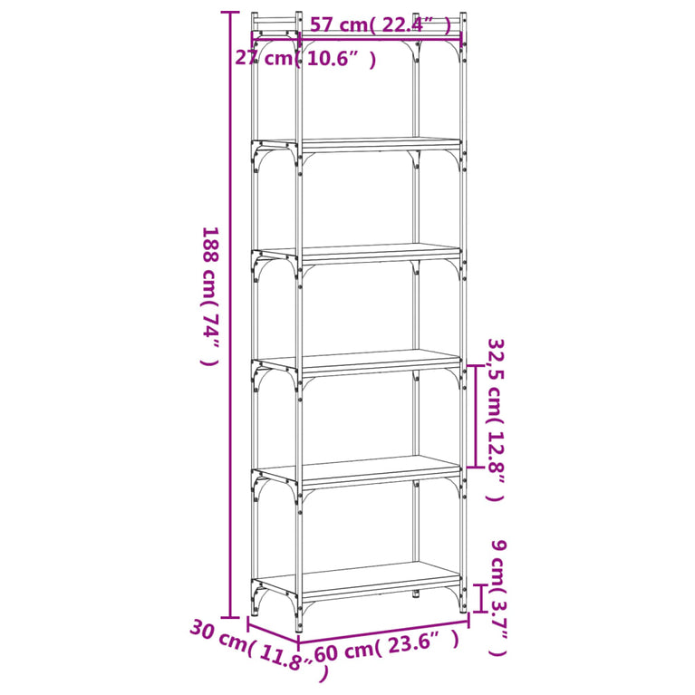 Boekenkast 6-laags 60x30x188 cm bewerkt hout zwart
