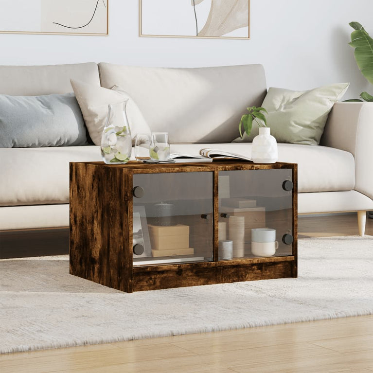 Salontafel met glazen deuren 68x50x42 cm gerookt eikenkleurig