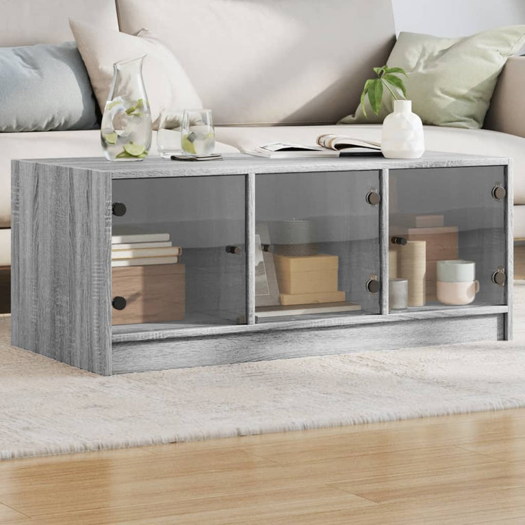 Salontafel met glazen deuren 102x50x42 cm grijs sonoma eiken