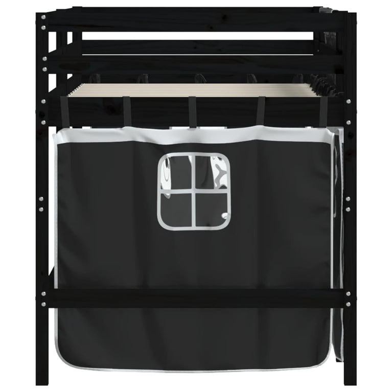 Kinderhoogslaper met gordijnen 90x200 cm grenenhout wit zwart