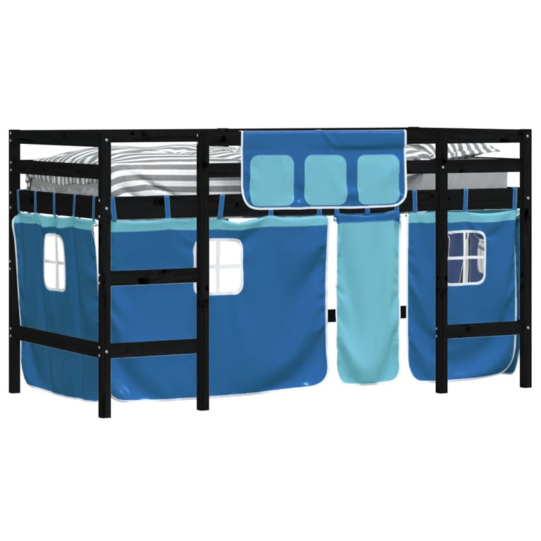 Kinderhoogslaper met gordijnen 90x200 cm grenenhout blauw