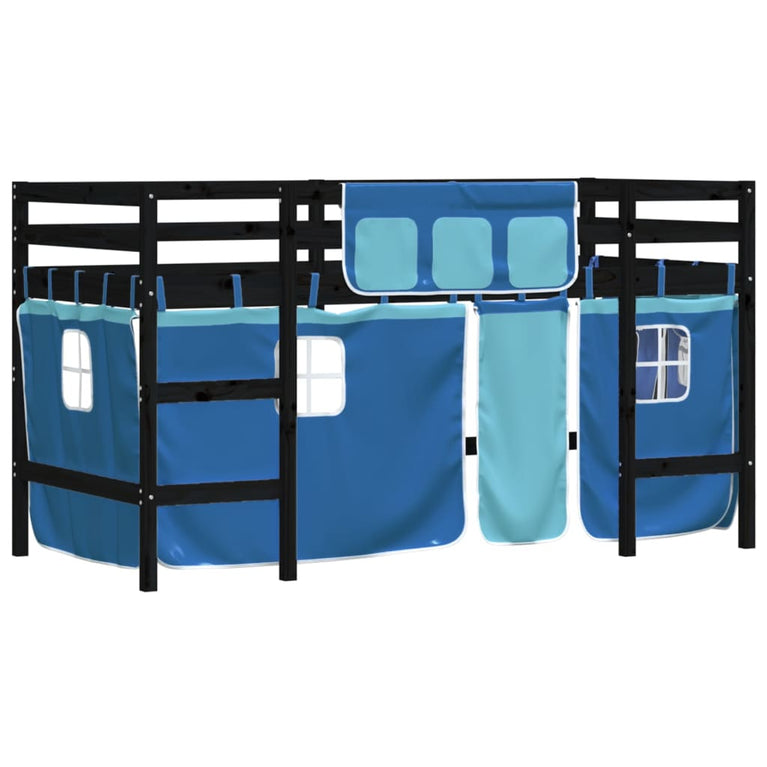 Kinderhoogslaper met gordijnen 90x200 cm grenenhout blauw