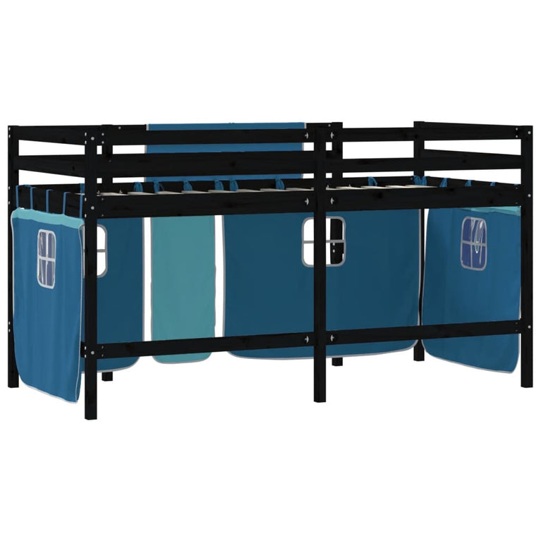 Kinderhoogslaper met gordijnen 90x200 cm grenenhout blauw