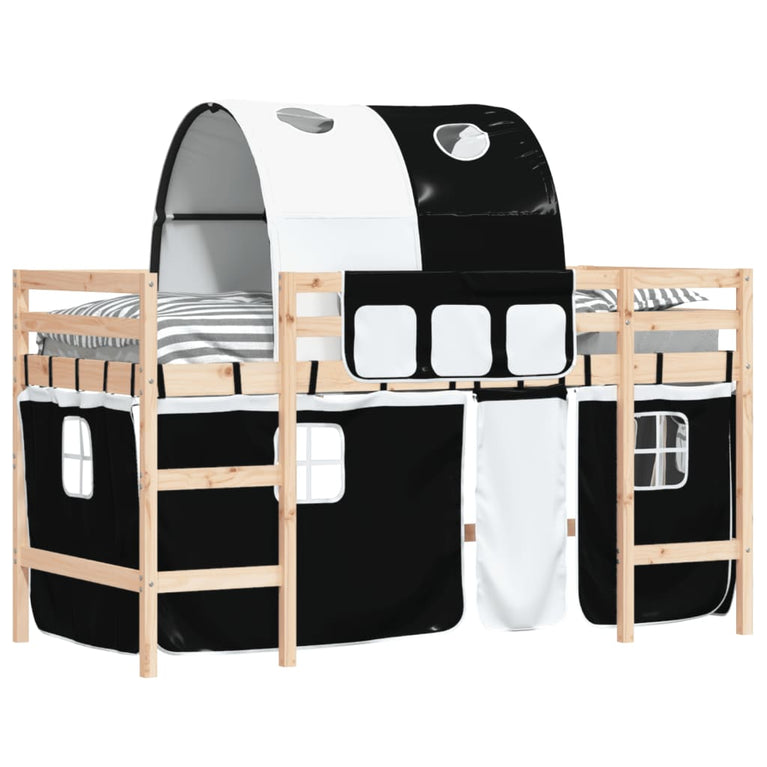 Kinderhoogslaper met tunnel 90x190 cm grenenhout wit en zwart
