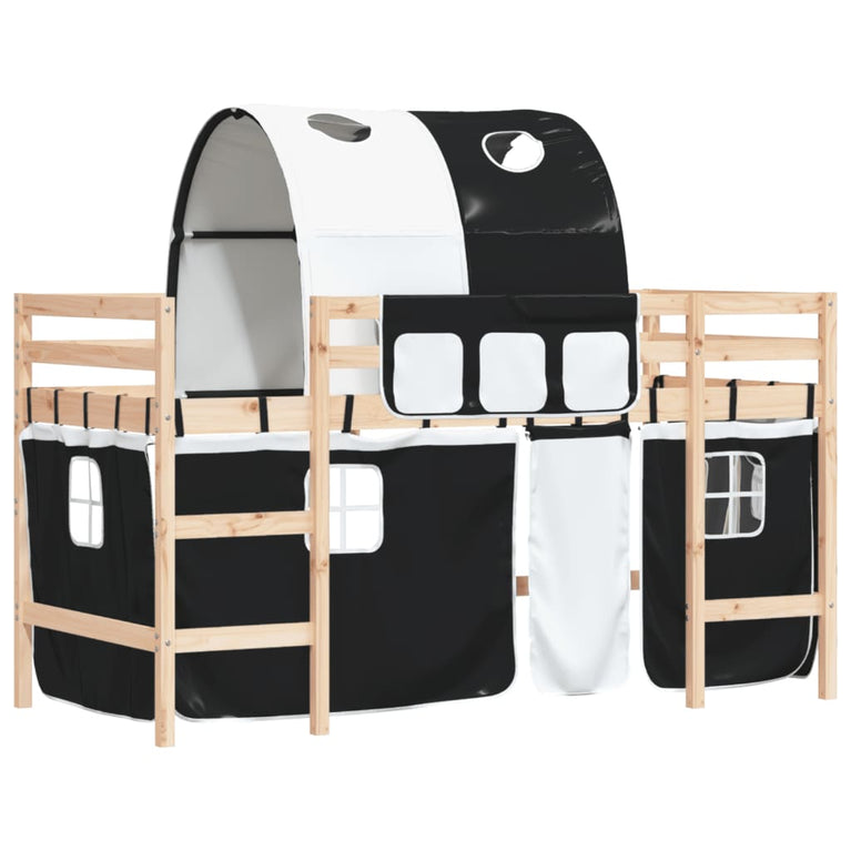 Kinderhoogslaper met tunnel 90x190 cm grenenhout wit en zwart