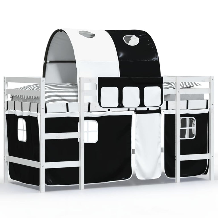 Kinderhoogslaper met tunnel 90x190 cm grenenhout wit en zwart