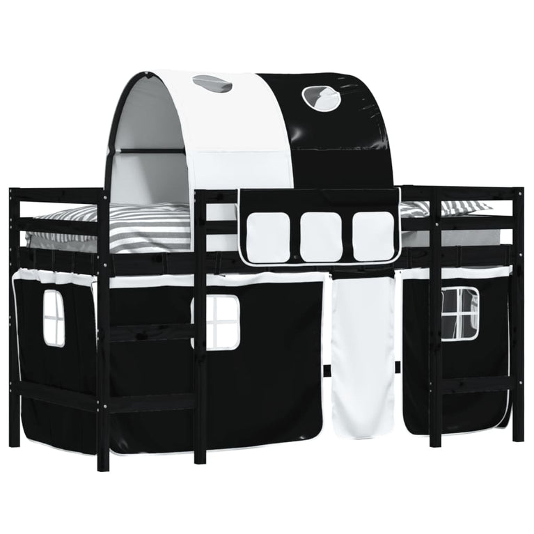 Kinderhoogslaper met tunnel 90x190 cm grenenhout wit en zwart
