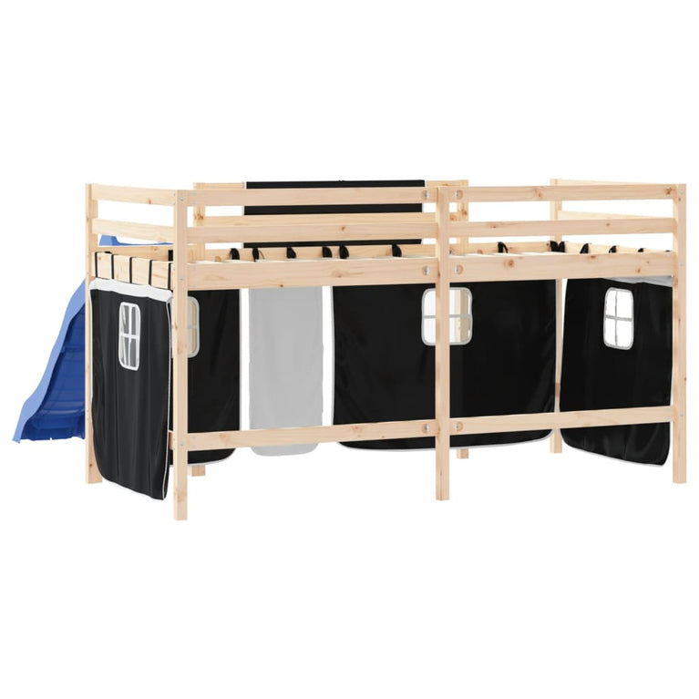 Kinderhoogslaper met gordijnen 90x200 cm grenenhout wit zwart