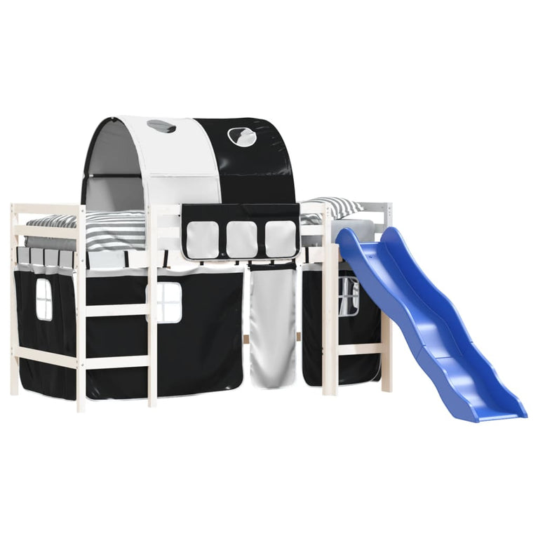 Kinderhoogslaper met tunnel 90x190 cm grenenhout wit en zwart