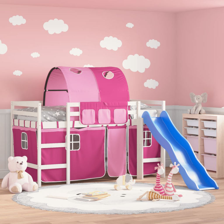 Kinderhoogslaper met tunnel 90x190 cm massief grenenhout roze