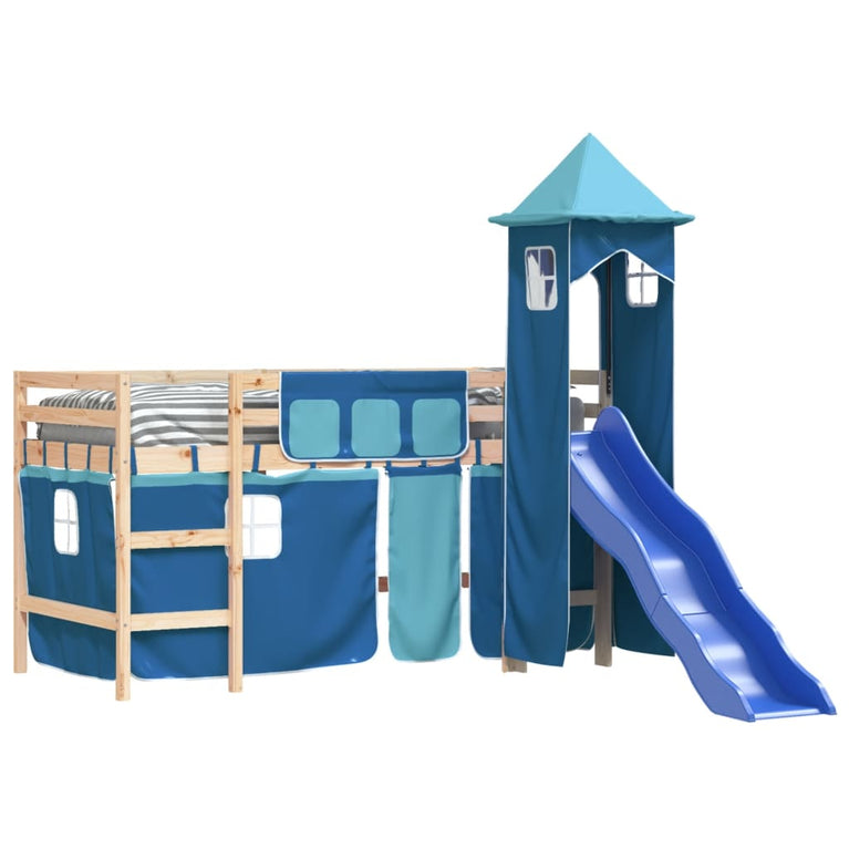 Kinderhoogslaper met toren 80x200 cm massief grenenhout blauw